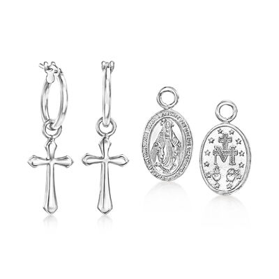 Italian Sterling Silver Jewelry Set: Hoop Earrings and Two Pairs of Interchangeable Religious Drops