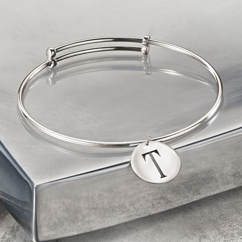 Sterling Silver Single Initial Disc Charm Bangle Bracelet image number 3