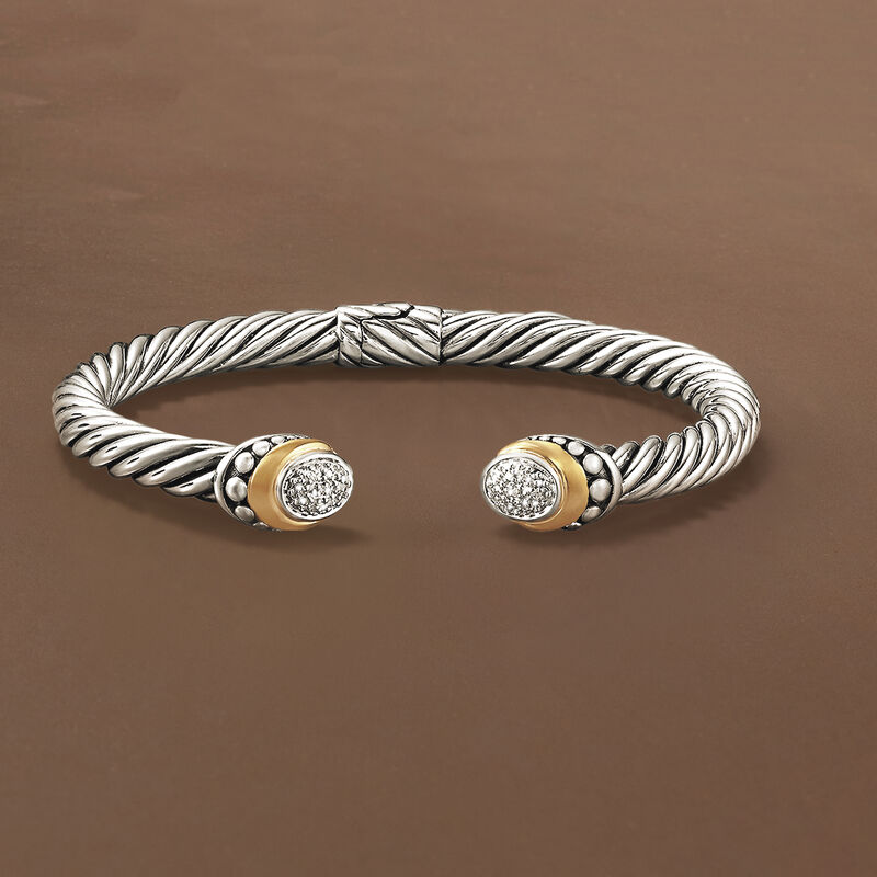 Sterling Silver Cable Cuff Bracelet with 18kt Yellow Gold and Diamond Accents image number 3