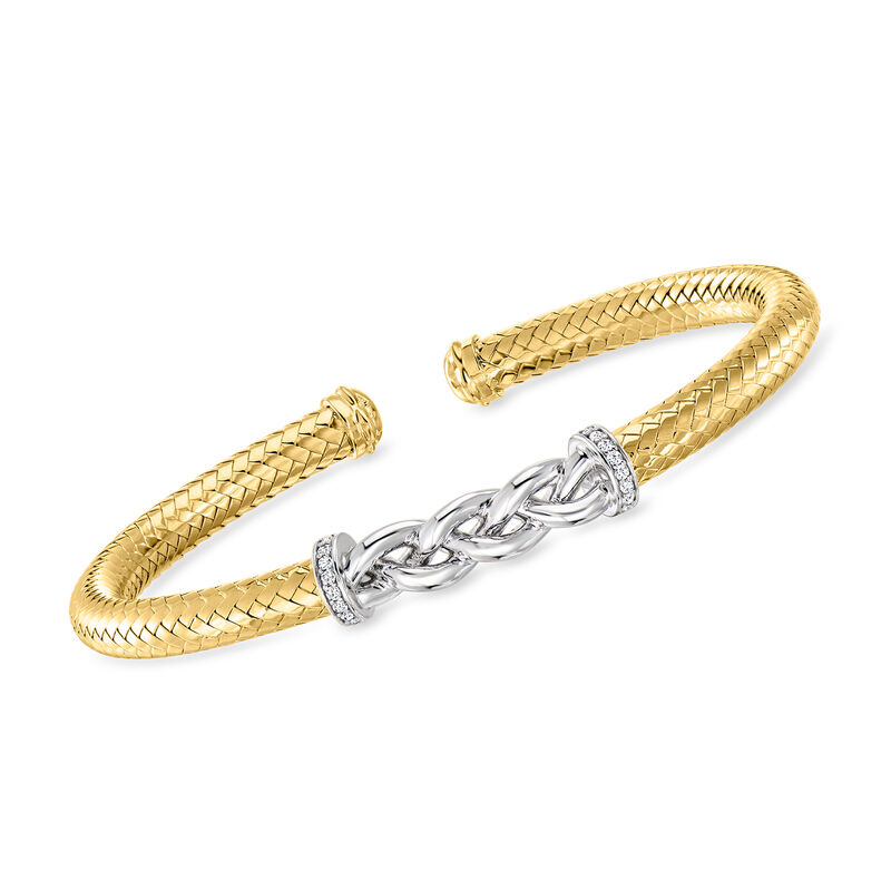 Charles Garnier "New Mesh 2" Sterling Silver and 18kt Gold Over Sterling Braided Station Cuff Bracelet with .10 ct. t.w. CZs. 7.5" image number 0