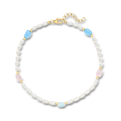 3-3.5mm Cultured Semi-Baroque Pearl and 2.80 ct. t.w. Multi-Gemstone Anklet in 18kt Gold Over Sterling