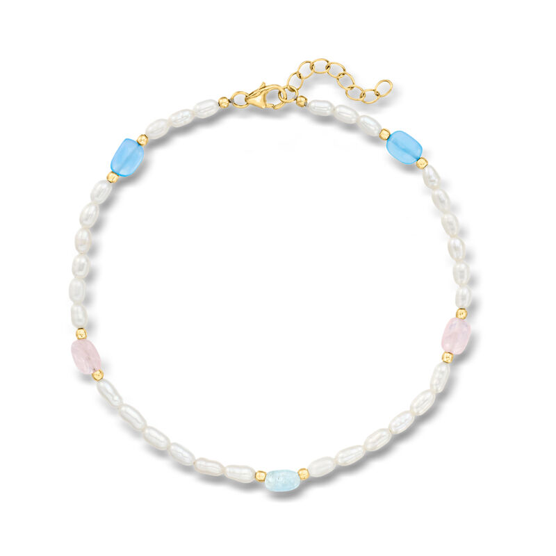3-3.5mm Cultured Semi-Baroque Pearl and 2.80 ct. t.w. Multi-Gemstone Anklet in 18kt Gold Over Sterling. 9" image number 0