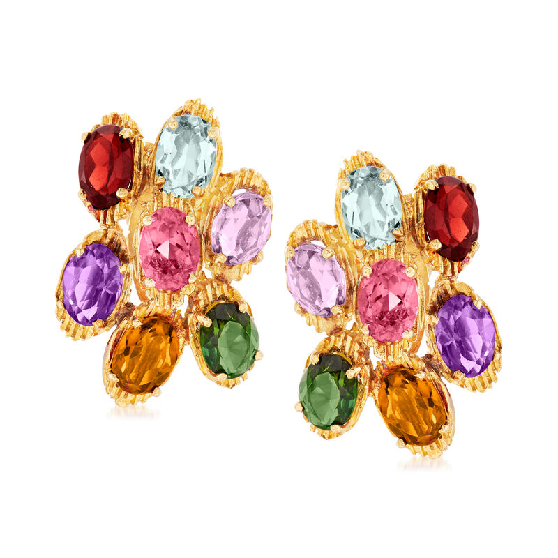C. 1980 Vintage 9.90 ct. t.w. Multi-Gemstone Cluster Earrings in 18kt Yellow Gold image number 0
