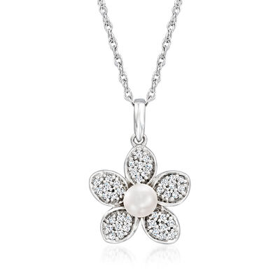 4-4.5mm Cultured Pearl and .20 ct. t.w. Diamond Flower Pendant Necklace in Sterling Silver