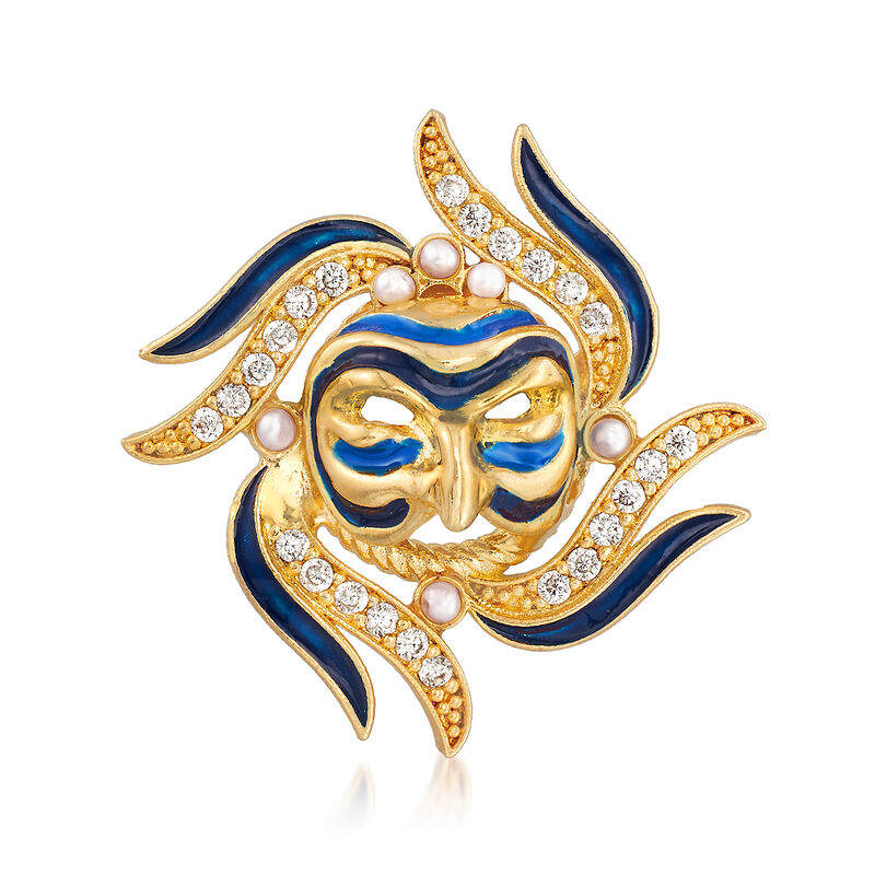 Italian Blue Enamel and .60 ct. t.w. CZ Masquerade Pin in 18kt Gold Over Sterling image number 0