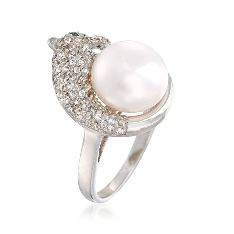 10-11mm Cultured Pearl and 1.00 ct. t.w. White Topaz Panther Ring in Sterling Silver image number 2