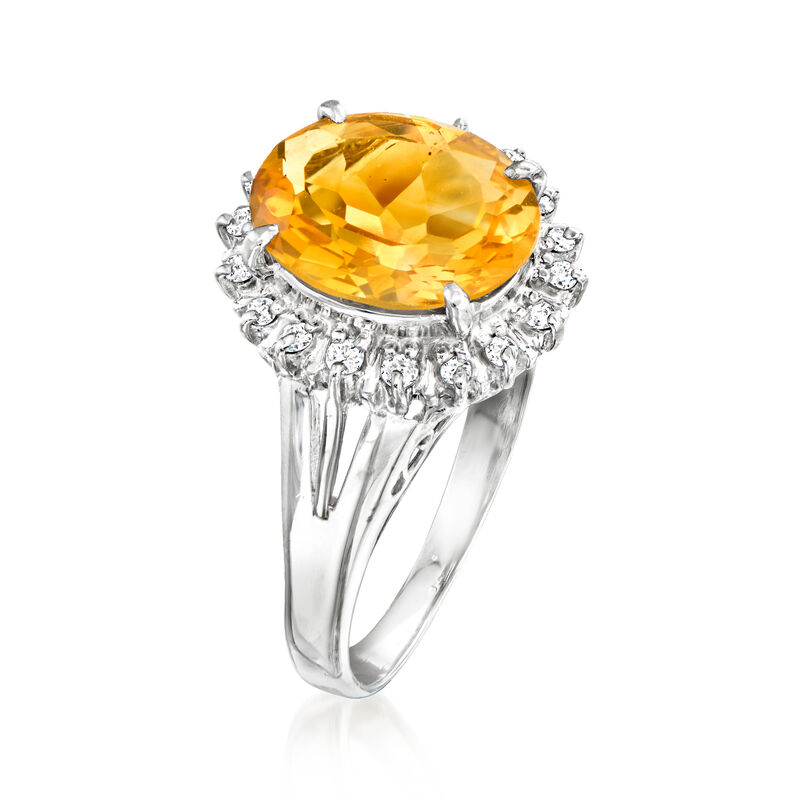 C. 1990 Vintage 3.20 Carat Citrine Ring with .18 ct. t.w. Diamonds in Platinum. Size 7