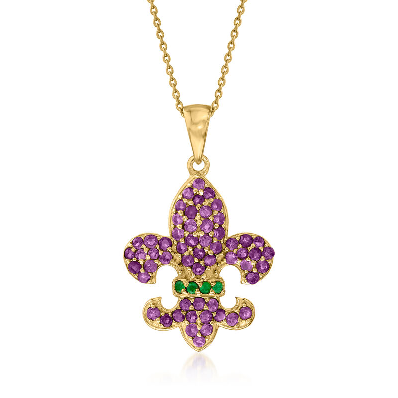1.80 ct. t.w. Amethyst Fleur-De-Lis Pendant Necklace with .10 ct. t.w. Emeralds in 18kt Gold Over Sterling. 18&quot; image number 1