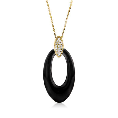 Onyx and .16 ct. t.w. Diamond Oval Pendant Necklace in 14kt Yellow Gold