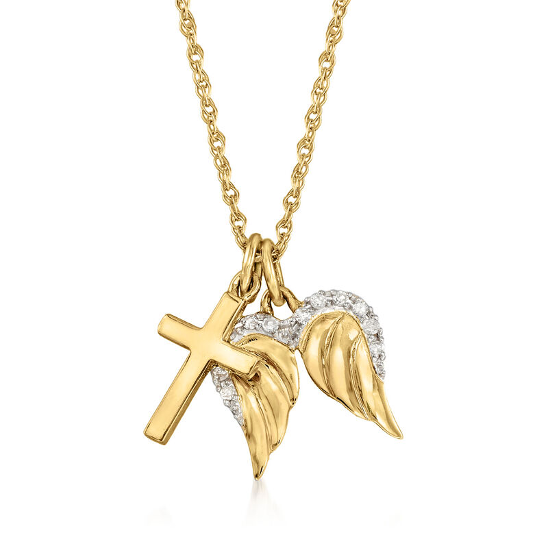 14kt Yellow Gold Cross and Angel Wings Pendant Necklace with Diamonds image number 2