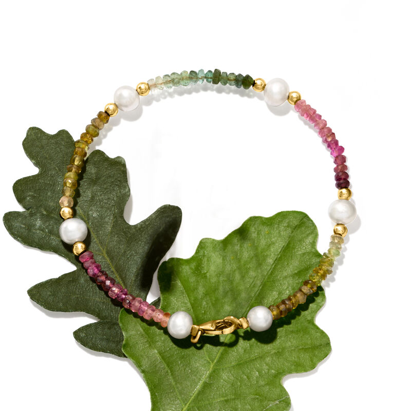 5-5.5mm Cultured Pearl and 7.75 ct. t.w. Multicolored Tourmaline Bead Bracelet with 14kt Yellow Gold image number 2