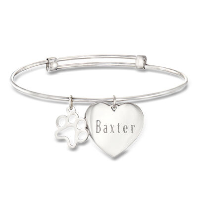 Sterling Silver Personalized Heart Bangle Bracelet with Paw Print Charm