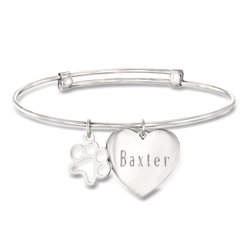 Plain - Sterling Silver Heart Bangle Bracelet with Paw Print Charm. 8" image number 0
