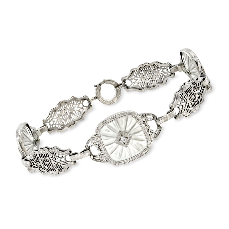 C. 1950 Vintage 15.00 ct. t.w. Rock Crystal Openwork Station Bracelet with Diamonds in Platinum. 7.25" image number 0