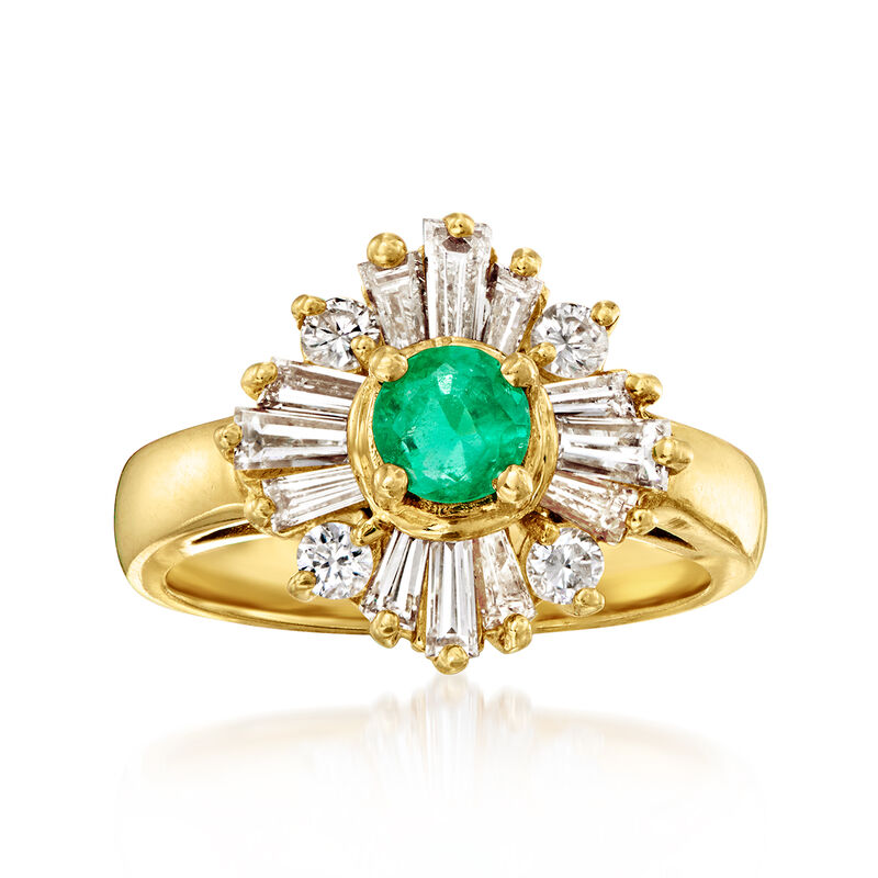 C. 1980 Vintage .35 Carat Emerald Ring with .68 ct. t.w. Diamonds in 14kt Yellow Gold. Size 5 image number 0