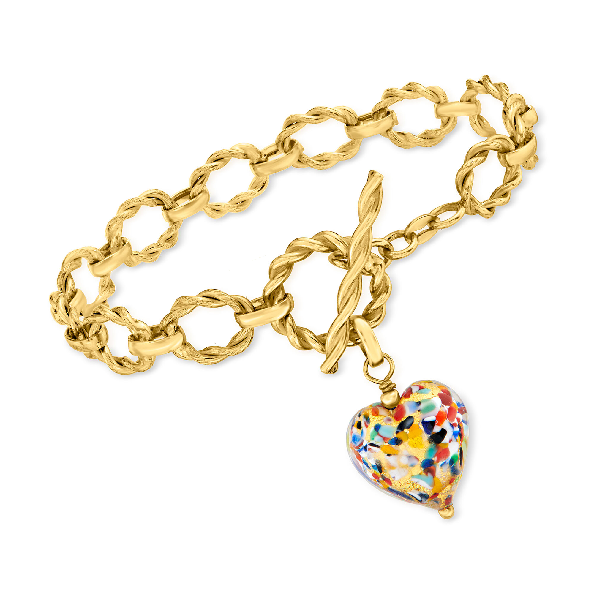 Italian Multicolored Murano Glass Heart Charm Toggle Bracelet in