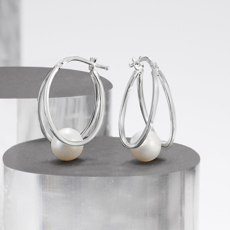 8-9mm Cultured Pearl Double-Hoop Earrings in Sterling Silver. 1&quot; image number 2