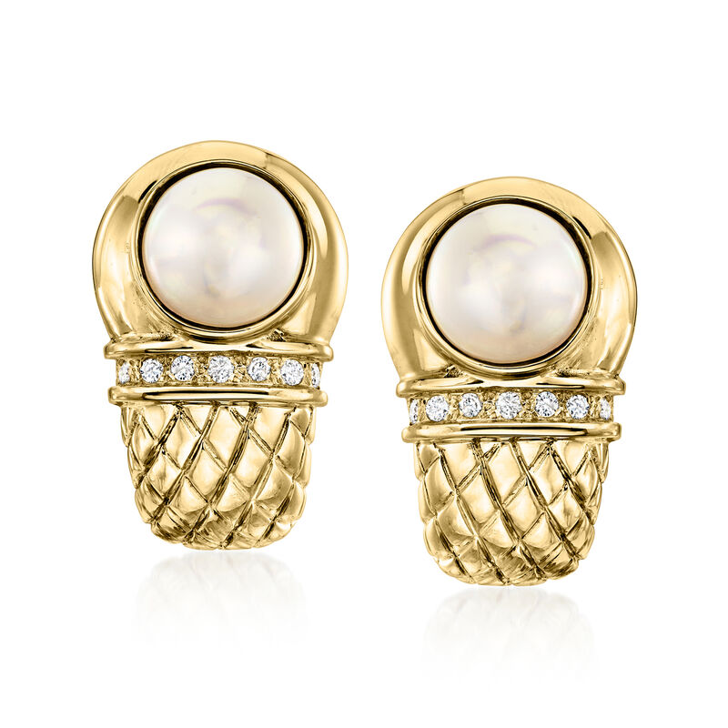 C. 1980 Vintage 12mm Mabe Pearl and .40 ct. t.w. Diamond Curved Earrings in 14kt Yellow Gold image number 0