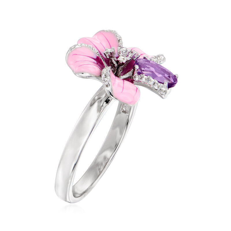 .70 Carat Brazilian Amethyst and .10 ct. t.w. White Topaz Flower Ring with Multicolored Enamel in Sterling Silver image number 2