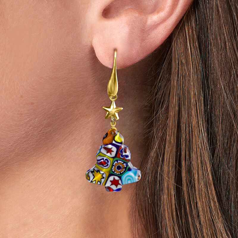 Italian Multicolored Murano Glass Millefiori Christmas Tree Drop Earrings with 18kt Gold Over Sterling image number 3