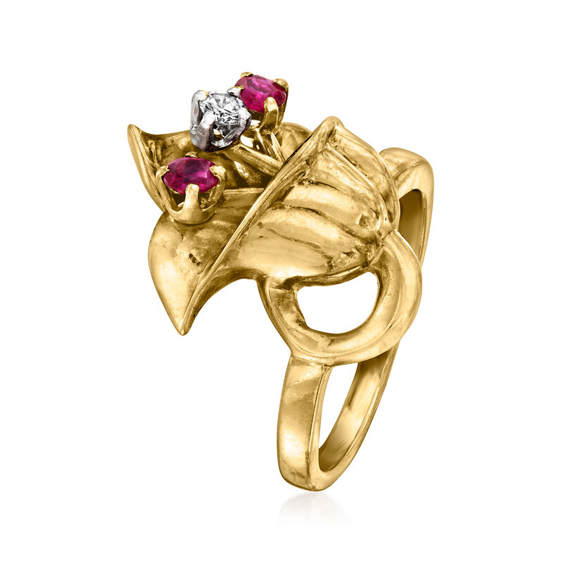 C. 1960 Vintage .10 Carat Diamond and .25 ct. t.w. Ruby Flower Ring in 14kt Yellow Gold image number 2
