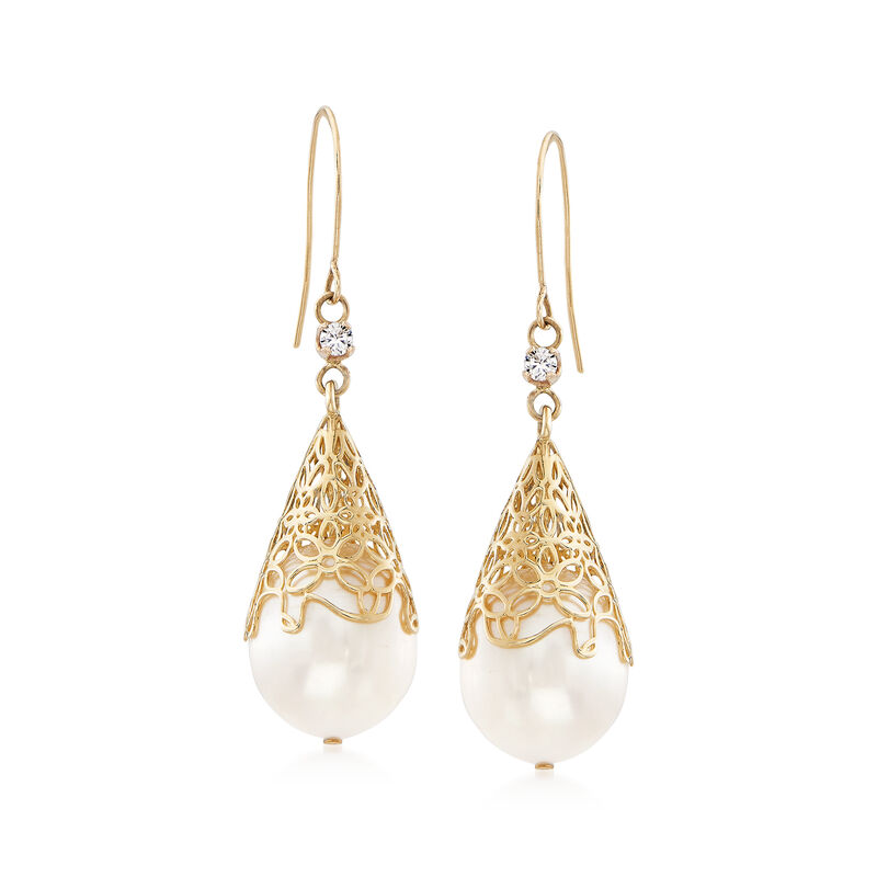 11-12mm Cultured Freshwater Pearl Drop Earrings with .10 ct. t.w. Diamonds in 14kt Yellow Gold image number 0