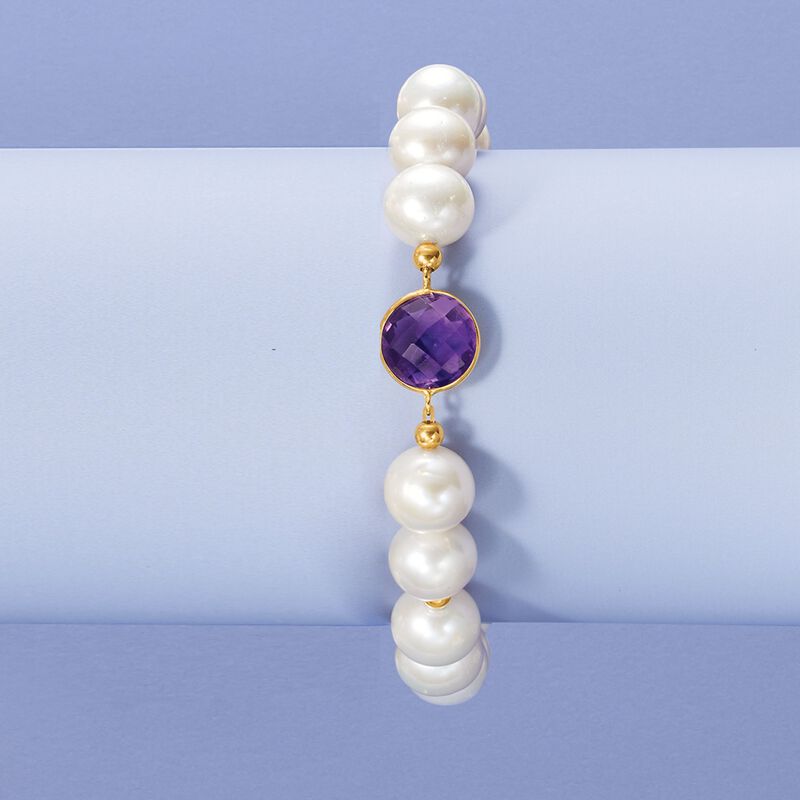 9-10mm Cultured Pearl and 3.20 Carat Amethyst Bracelet with 14kt Yellow Gold image number 2