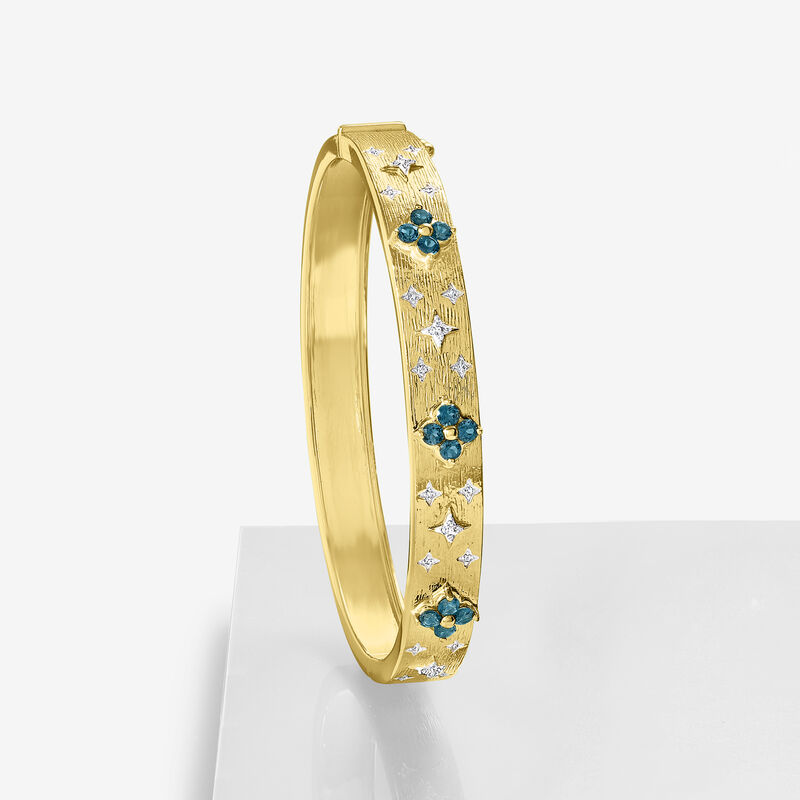 .80 ct. t.w. London Blue Topaz Floral Bangle Bracelet with .10 ct. t.w. Diamonds in 18kt Gold Over Sterling image number 2