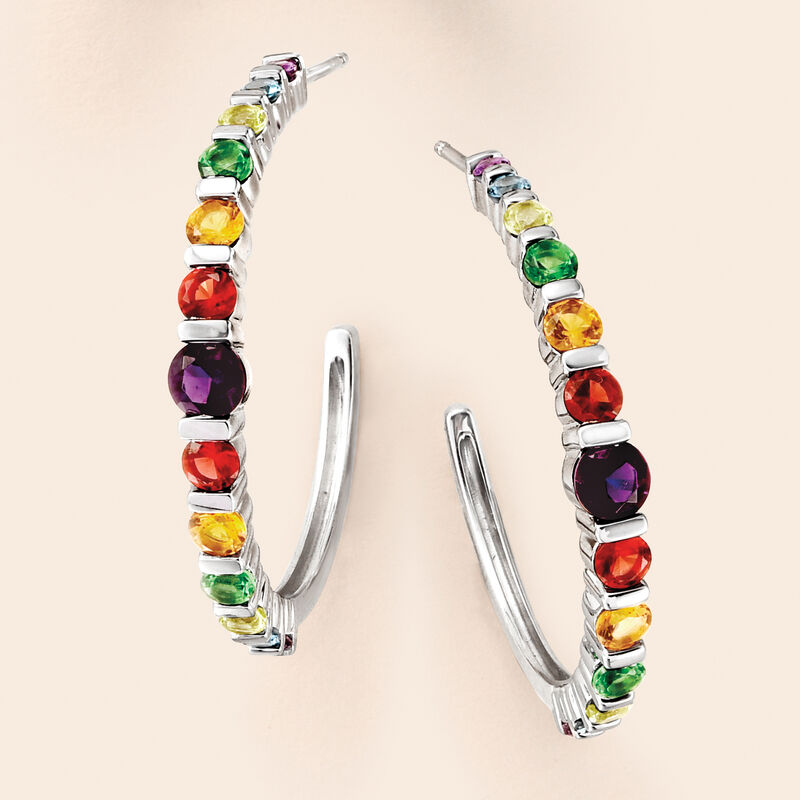2.05 ct. t.w. Rainbow CZ C-Hoop Earrings in Sterling Silver image number 2