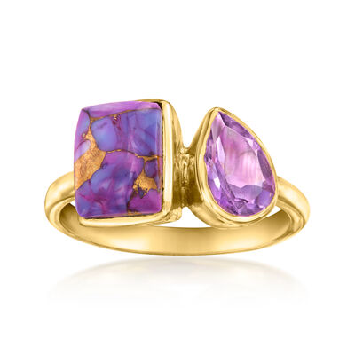 Purple Turquoise and 1.10 Carat Amethyst Toi et Moi Ring in 18kt Gold Over Sterling