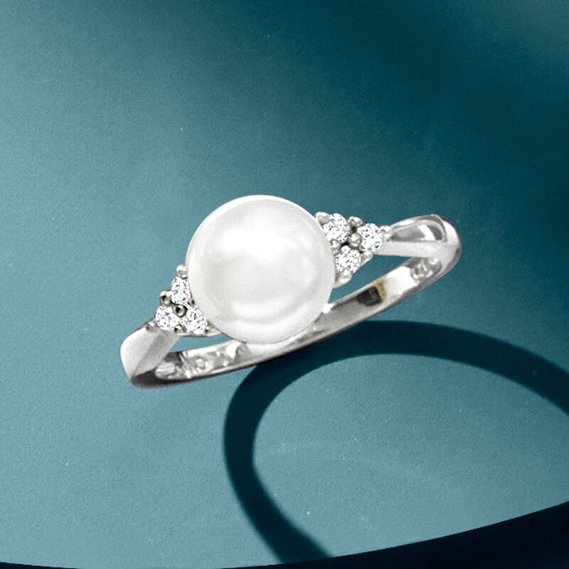7.5-8.5mm Cultured Pearl and .13 ct. t.w. Diamond Ring in Sterling Silver image number 4