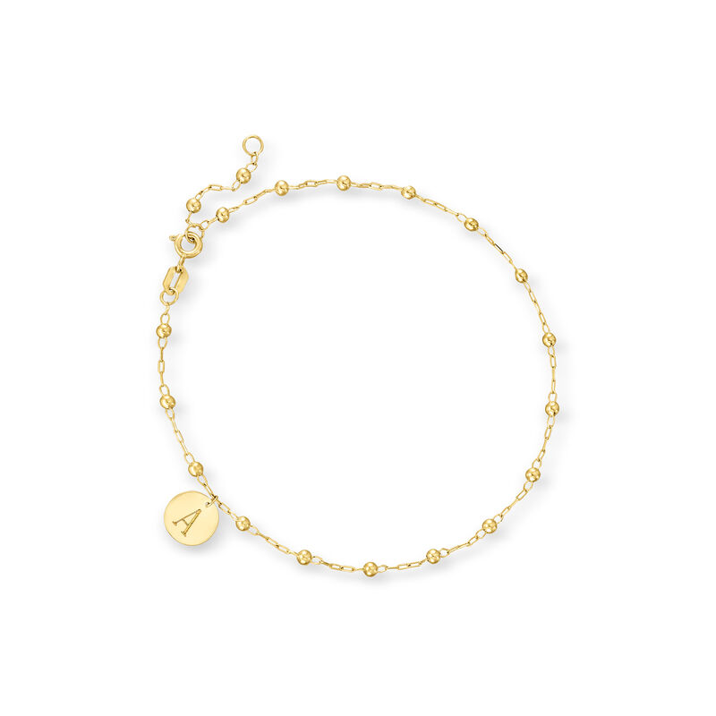 Italian 14kt Yellow Gold Personalized Disc Charm Bead Station Anklet image number 0