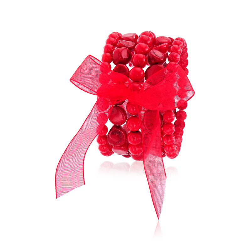 6-13mm Red Coral Jewelry Set: Five Stretch Bracelets. 7&quot; image number 2