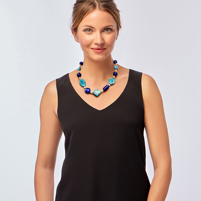 Italian Multicolored Murano Glass Bead and 6-7mm Cultured Pearl Necklace with 18kt Gold Over Sterling image number 1