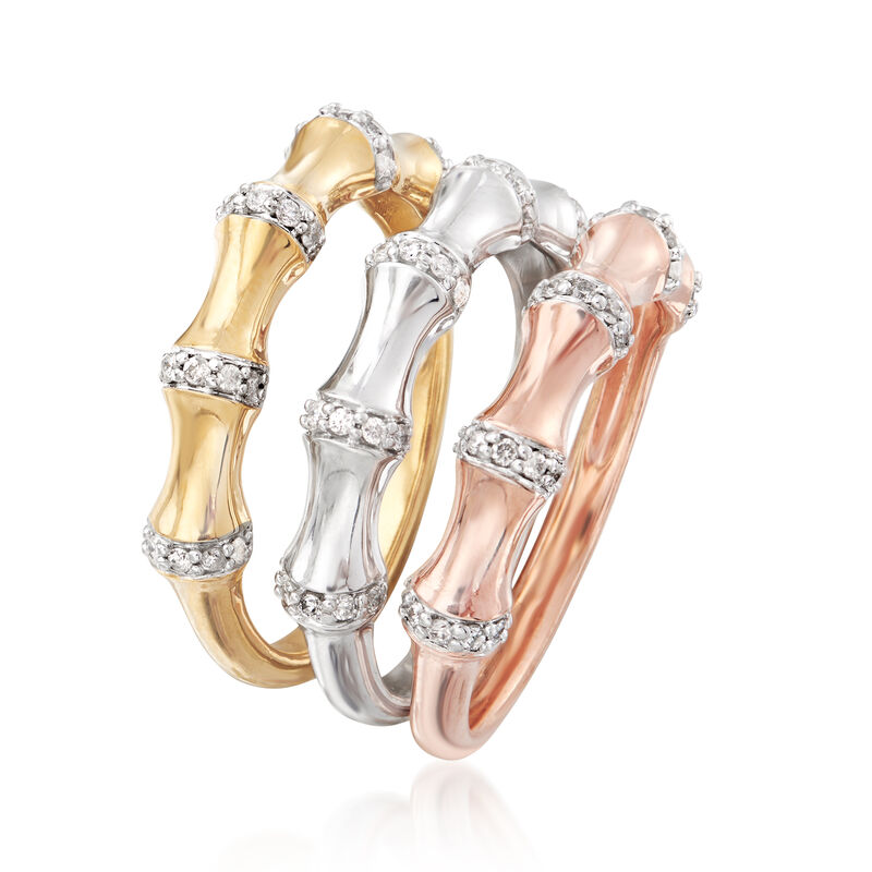 .30 ct. t.w. Diamond Jewelry Set: Three Bamboo Bands in 18kt Tri-Colored Gold Over Sterling. Size 6 image number 2