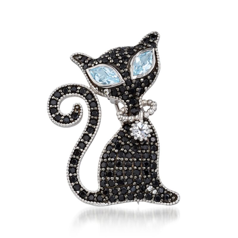 2.00 ct. t.w. Black Spinel and 1.60 ct. t.w. Sky Blue and White Topaz Cat Pin/Pendant Necklace in Sterling image number 3