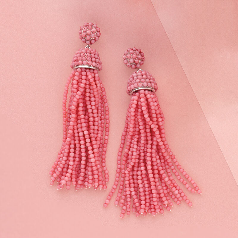 Pink Coral Bead Tassel Earrings in Sterling Silver  image number 2