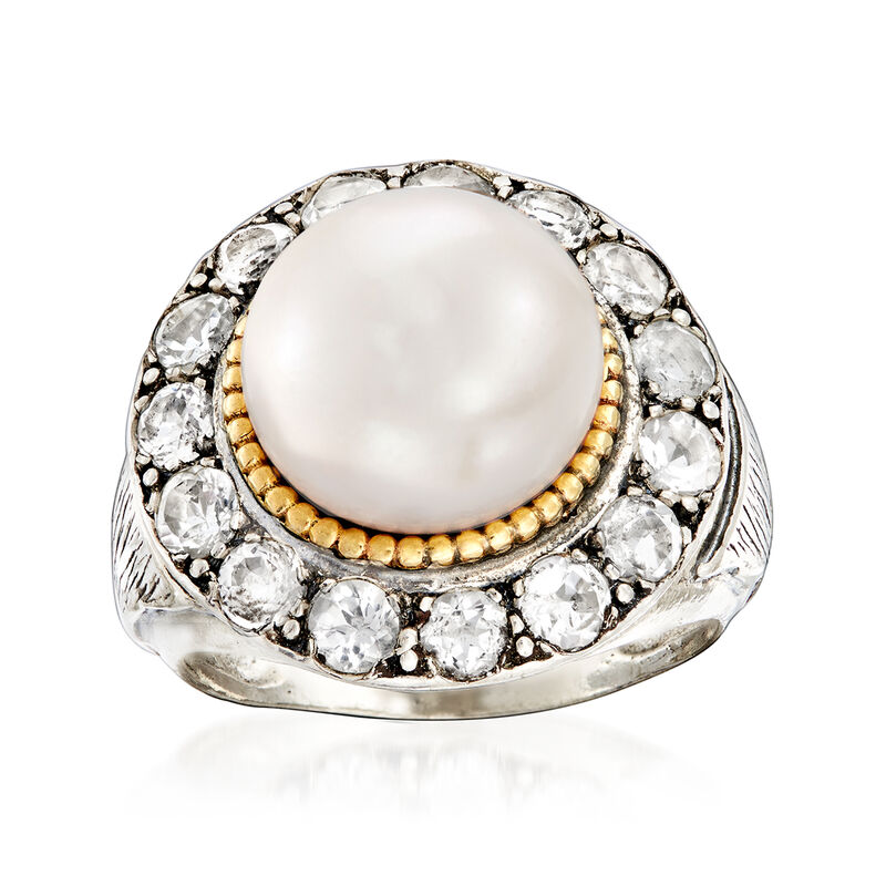 11-12mm Cultured Pearl and 1.90 ct. t.w. White Topaz Ring in Sterling Silver and 14kt Yellow Gold image number 3