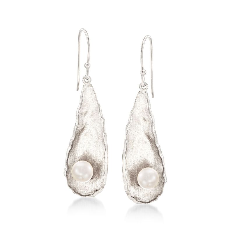 7mm Cultured Button Pearl Textured Teardrop Earrings in Sterling Silver image number 0
