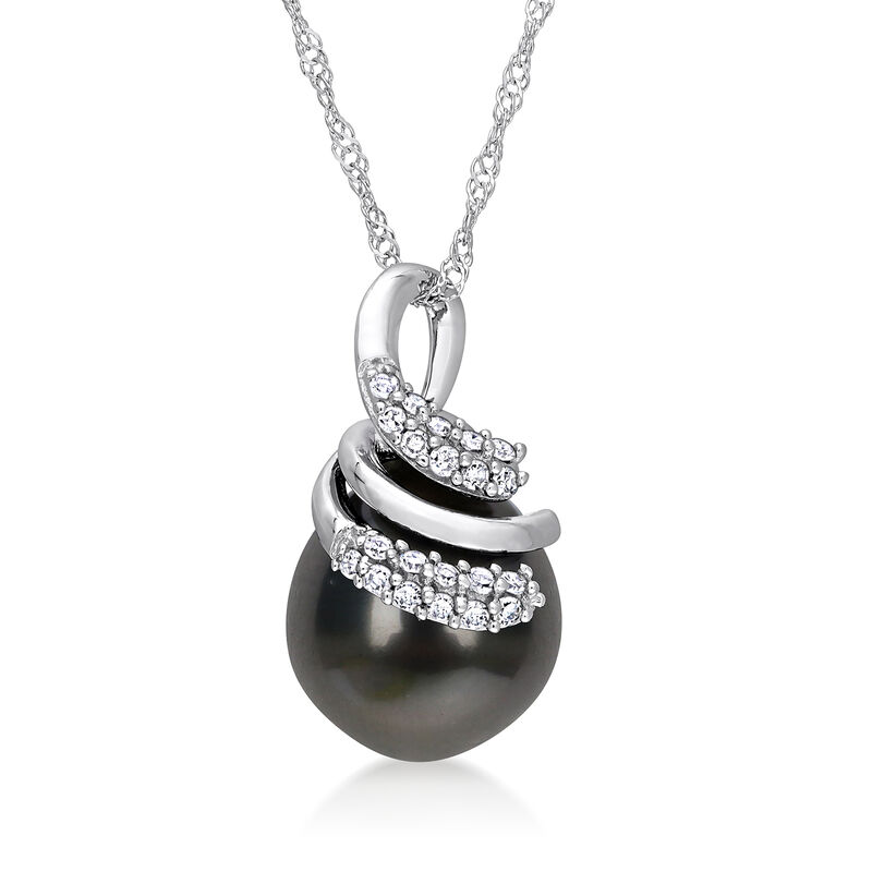 9.5-10mm Black Cultured Tahitian Pearl Pendant Necklace with .10 ct. t.w. Diamonds in 14kt White Gold. 17&quot; image number 0