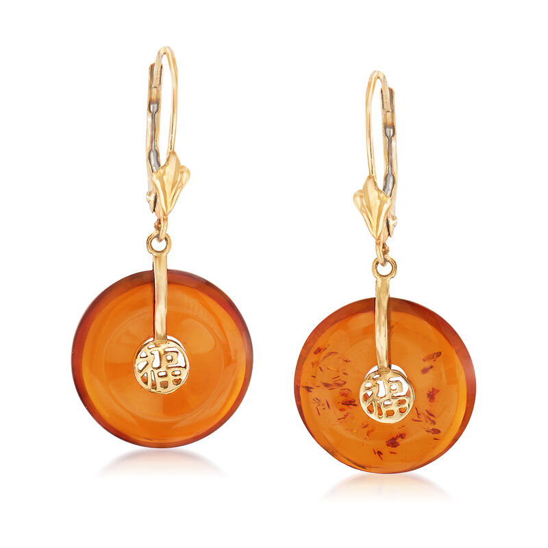 3mm Amber &quot;Lucky Fortune&quot; Chinese Symbol Drop Earrings in 14kt Yellow Gold image number 0