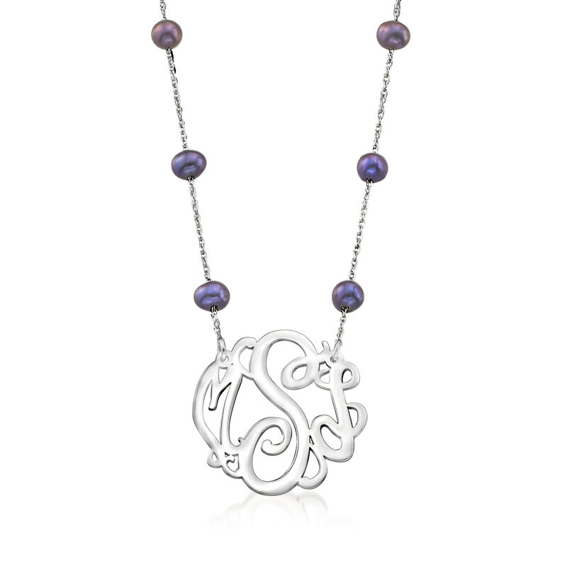 5-6mm Black Cultured Pearl Personalized Monogram Necklace in Sterling Silver image number 0