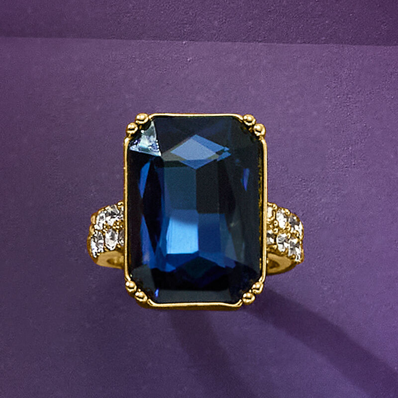 14kt Yellow Gold-Plated Ring with Simulated Blue Gemstone and .81 ct. t.w. CZs. Size 7 image number 3