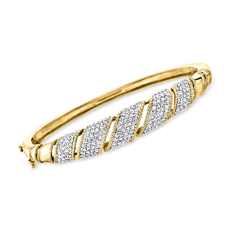 1.00 ct. t.w. Diamond Striped Bangle Bracelet in 18kt Gold Over Sterling. 7&quot; image number 0