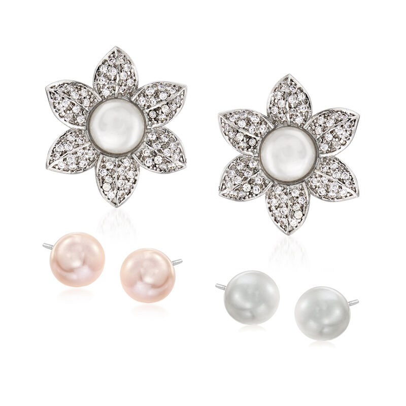 Italian 7-8mm Cultured Pearl Jewelry Set: Three Pairs of Studs with 1.00 ct. t.w. CZ Flower Earring Jackets in Sterling Silver image number 0