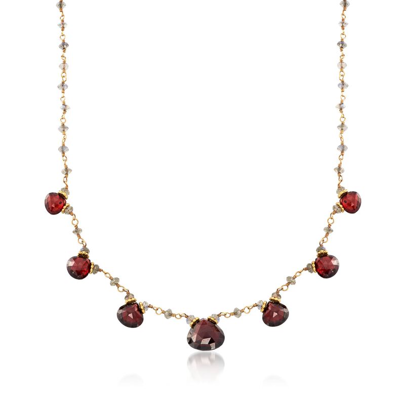 C. 1970 Vintage 23.80 ct. t.w. Garnet Necklace with Labradorite Beads in 18kt Yellow Gold. 16&quot; image number 1