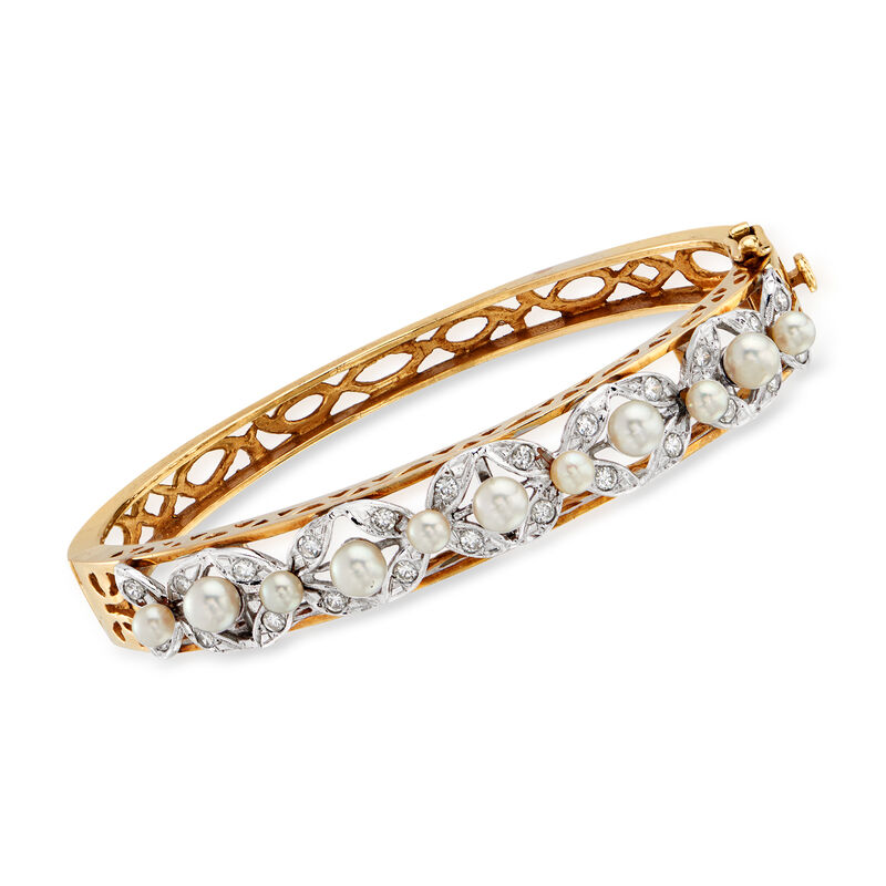 C. 1970 Vintage 3.5-4.5mm Cultured Pearl and .75 ct. t.w. Diamond Bangle Bracelet in 14kt Two-Tone Gold. 7&quot; image number 0