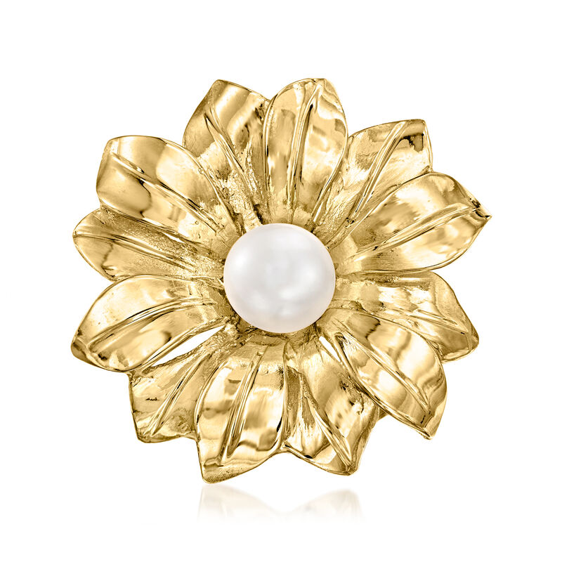 Italian 7.5mm Cultured Pearl Flower Ring in 18kt Gold Over Sterling image number 0