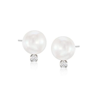 7-7.5mm Cultured Akoya Pearl and .10 ct. t.w. Diamond Stud Earrings in 14kt White Gold