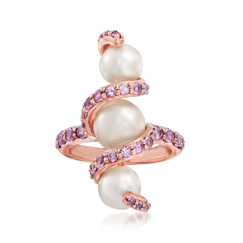 7-9mm Cultured Pearl and .90 ct. t.w. Amethyst Ring in 18kt Rose Gold Over Sterling Silver image number 0